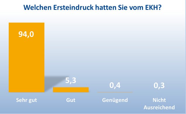 Statistik: Eindruck vom EKH. 94% Sehr gut;5.3% Gut; 0.4% Genügend; 0,3% Nicht Ausreichend.